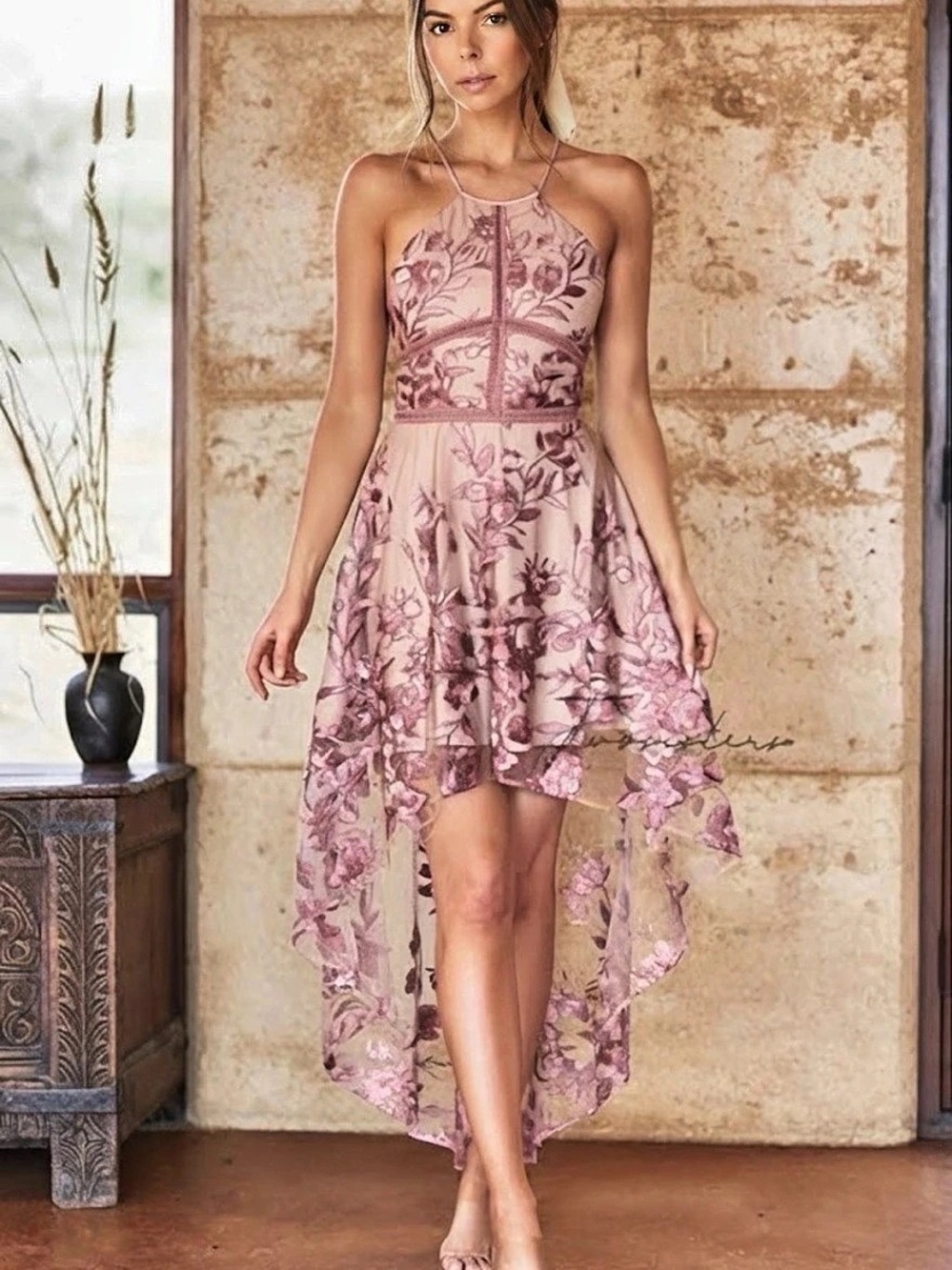 Lady Black Tie Jennifer Dress Floral High-Low Pink & Brown